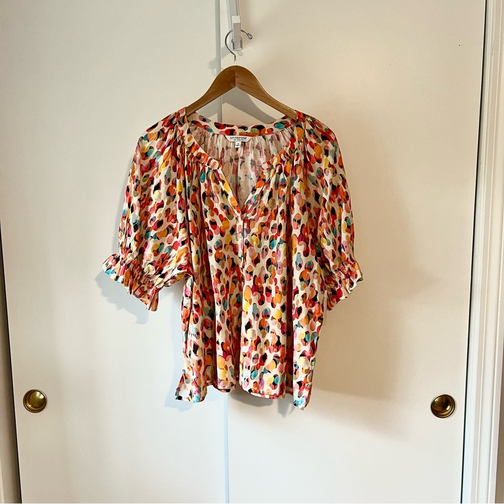 Liverpool Multicolor Printed Puff-Sleeve Blouse 1X watercolor dot NWT - Picture 4 of 11